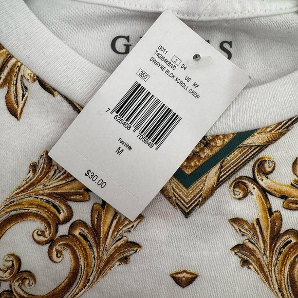 GUESS Men’s Baroque Print T-Shirt - Size M - White/Gold - NEW with Tags - Picture 2 of 4
